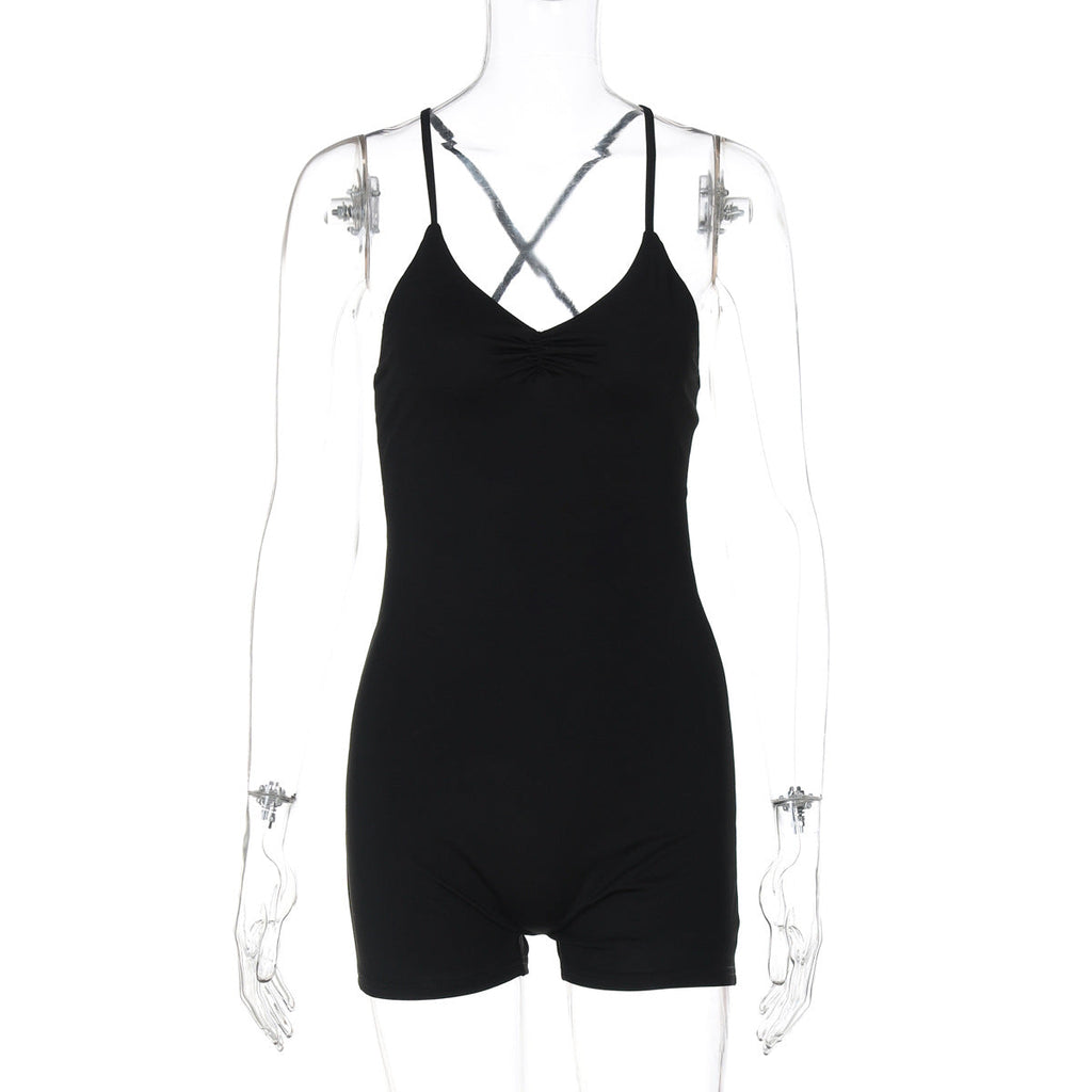 Women Clothing Summer Solid Color Sling Backless Fitness Yoga Tight Jumpsuit