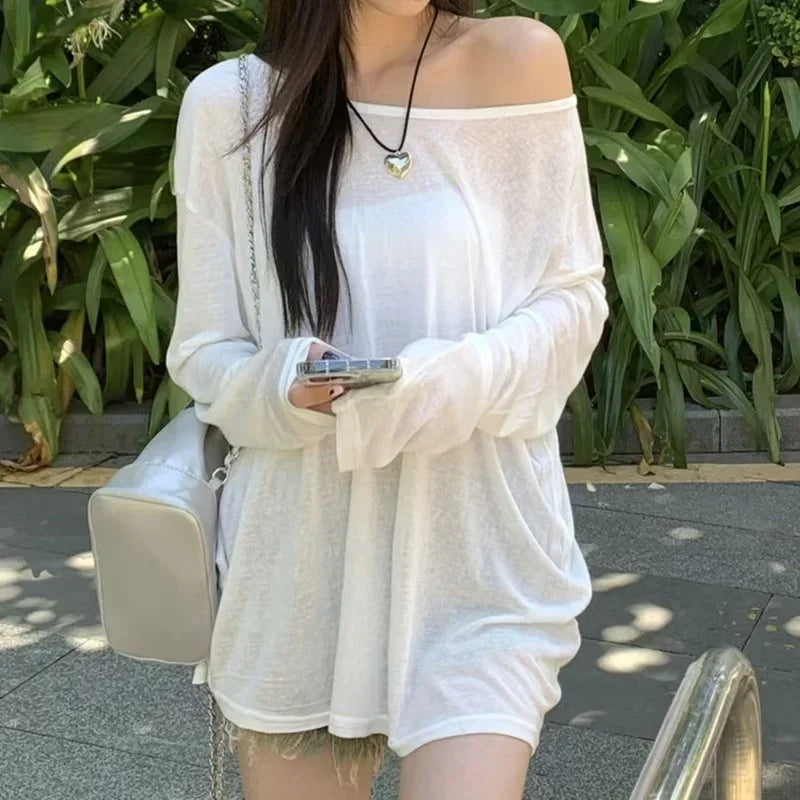Chic Lazy Women Sheer Baggy Tshirt Summer Casual Loose Pullover Solid Color Off Shoulder Streetwear Fashion