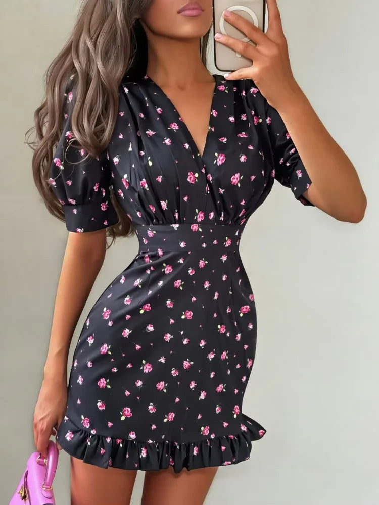 Floral Print Women's Casual Dress V-neck Puff Sleeve Waistband Ruffle Hem Female Mini Dresses 2026 Summer Party Vacation Gown
