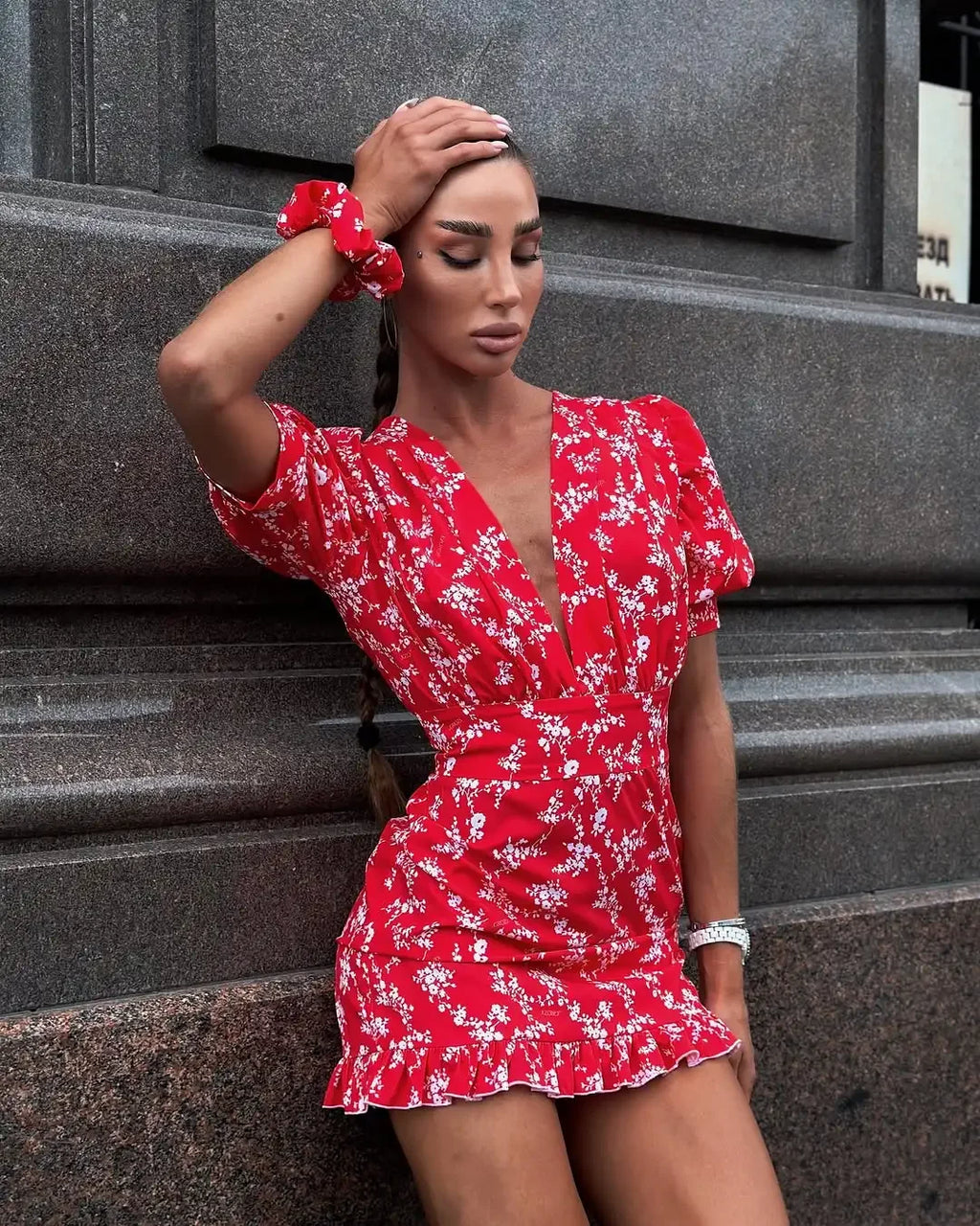 Floral Print Women's Casual Dress V-neck Puff Sleeve Waistband Ruffle Hem Female Mini Dresses 2026 Summer Party Vacation Gown