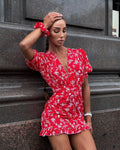 Floral Print Women's Casual Dress V-neck Puff Sleeve Waistband Ruffle Hem Female Mini Dresses 2026 Summer Party Vacation Gown