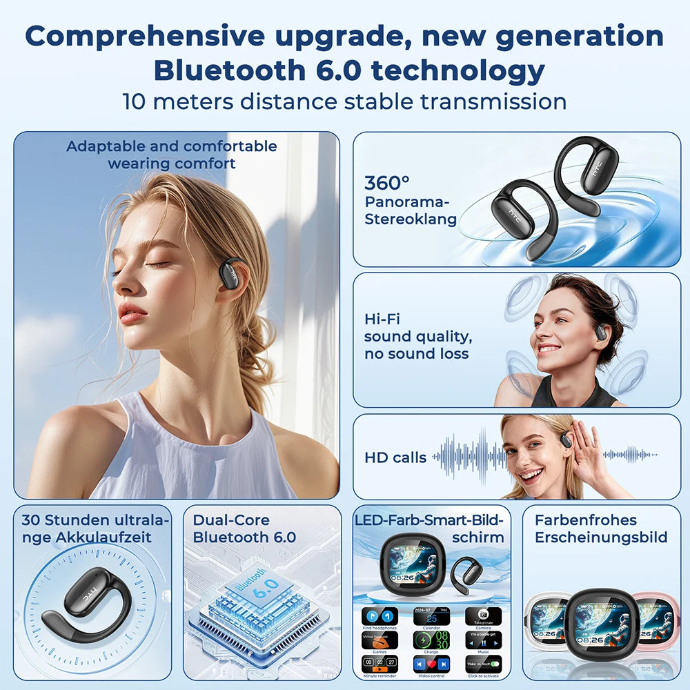 HTC Bluetooth Headset Surround Sound Hi-Fi Stereo Comfort Fit Lightweight Open Ear for Sport Running Wireless Earbuds NE58