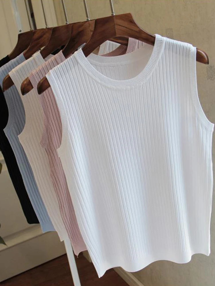 AOSSVIAO 2026 Korea Knitted Vests Women Top Summer Sleeveless Blouse Women O-neck Knitted Blouse Shirt Women Clothes Women Tops