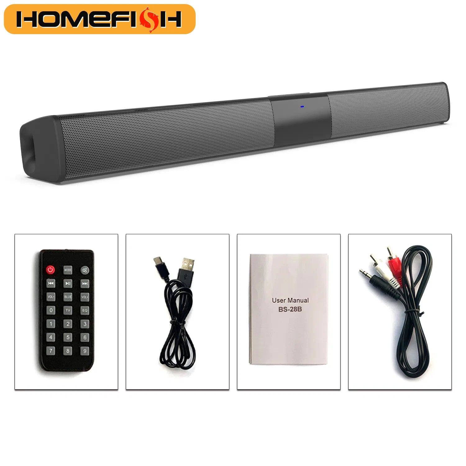 HOMEFISH BS-28B Soundbar 20W Bluetooth Speaker for TV Home Theater RCA/USB/TF/AUX Input Remote Control Sound Bar for PC Phone Tv