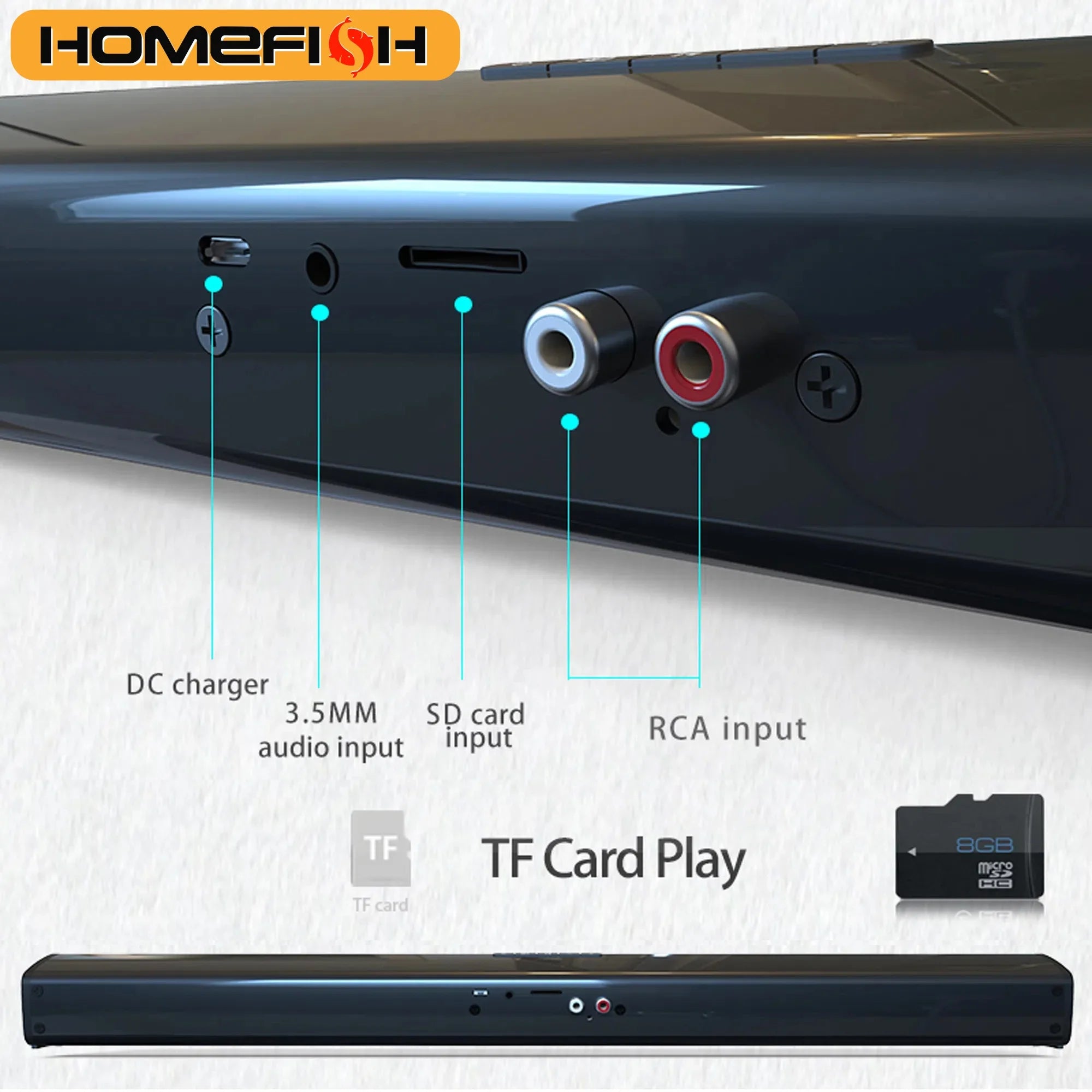 HOMEFISH BS-28B Soundbar 20W Bluetooth Speaker for TV Home Theater RCA/USB/TF/AUX Input Remote Control Sound Bar for PC Phone Tv