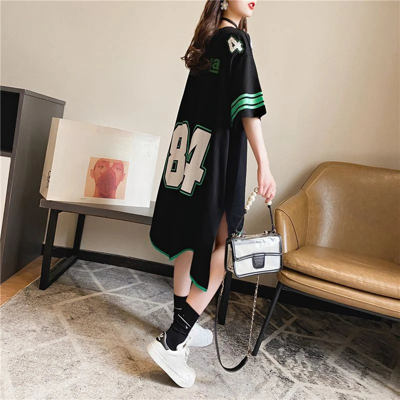 Long Baggy T Shirt for Women Irregular Green Printing Kpop Korean Clothing Cheap Sales Style Streetwear Female Tee Tops Woman