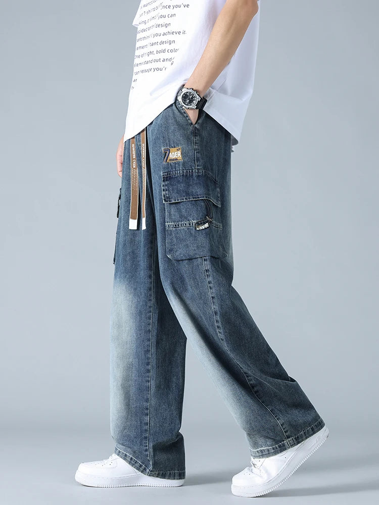 Summer Men's Straight Jeans Multi-Pockets Wide Leg Denim Cargo Pants 8XL 7XL 6XL Big Size Lightweight Baggy Jeans Trousers
