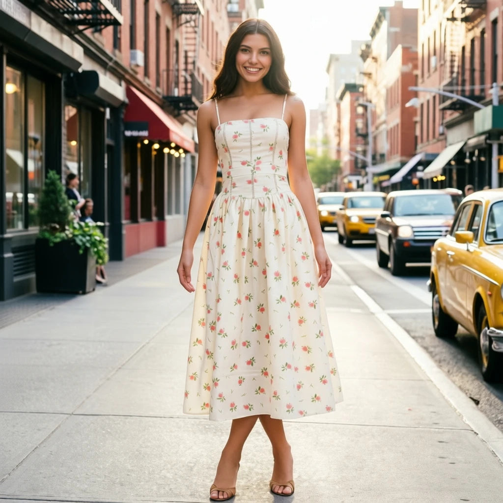 Mingmingxi Summer Floral Print Dress Elegant 2025 New Arrivals Spaghetti Strap Flare Dress Maxi Holiday Party Dresses Women
