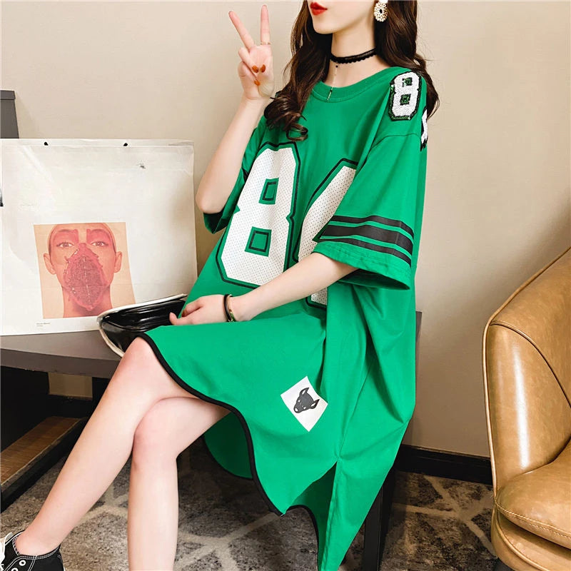 Long Baggy T Shirt for Women Irregular Green Printing Kpop Korean Clothing Cheap Sales Style Streetwear Female Tee Tops Woman
