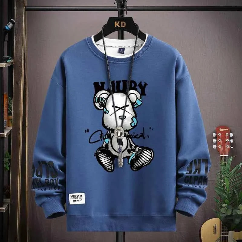 Autumn Men’s Sweatshirt Cool Bear Print Long Sleeve T-shirt Khaki O Neck Harajuku Exclusive Design Top