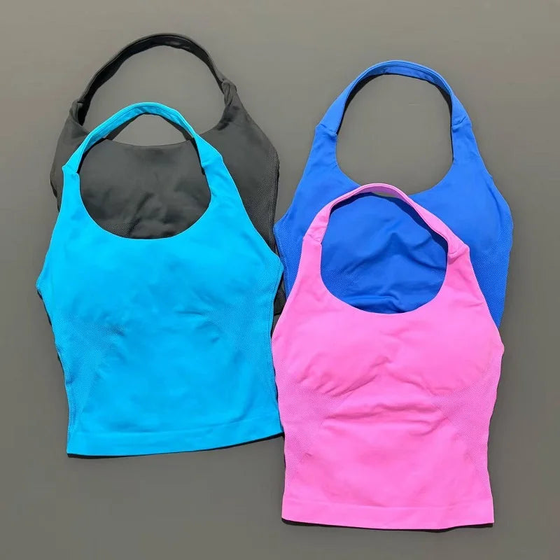 Gym Sports Top Women Seamless Yoga Tank Longline Strappy Top Open Back Bra Sportswear Gym Clothing Running Workout Halter