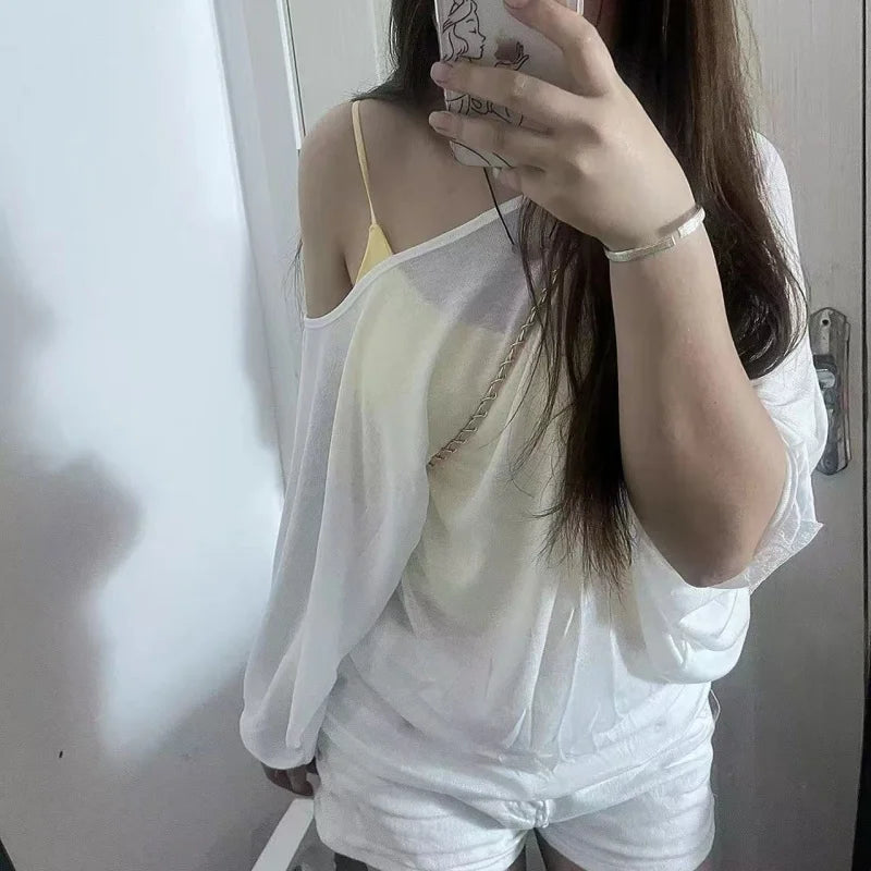 Oversized T-shirt for Women Casual Loose Top Fashion Bat Sleeves Sexy Lace Cross Backless Baggy T shirts Thin Clothing
