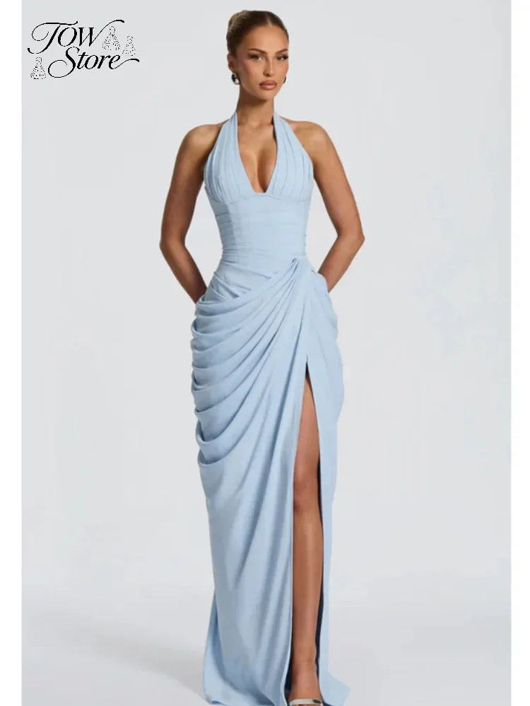 Elegant Solid Pleated Halter Women's Dress Fashion Sleeveless Backless Waist-cinching Split Maxi Dresses Summer Party Gowns 2026
