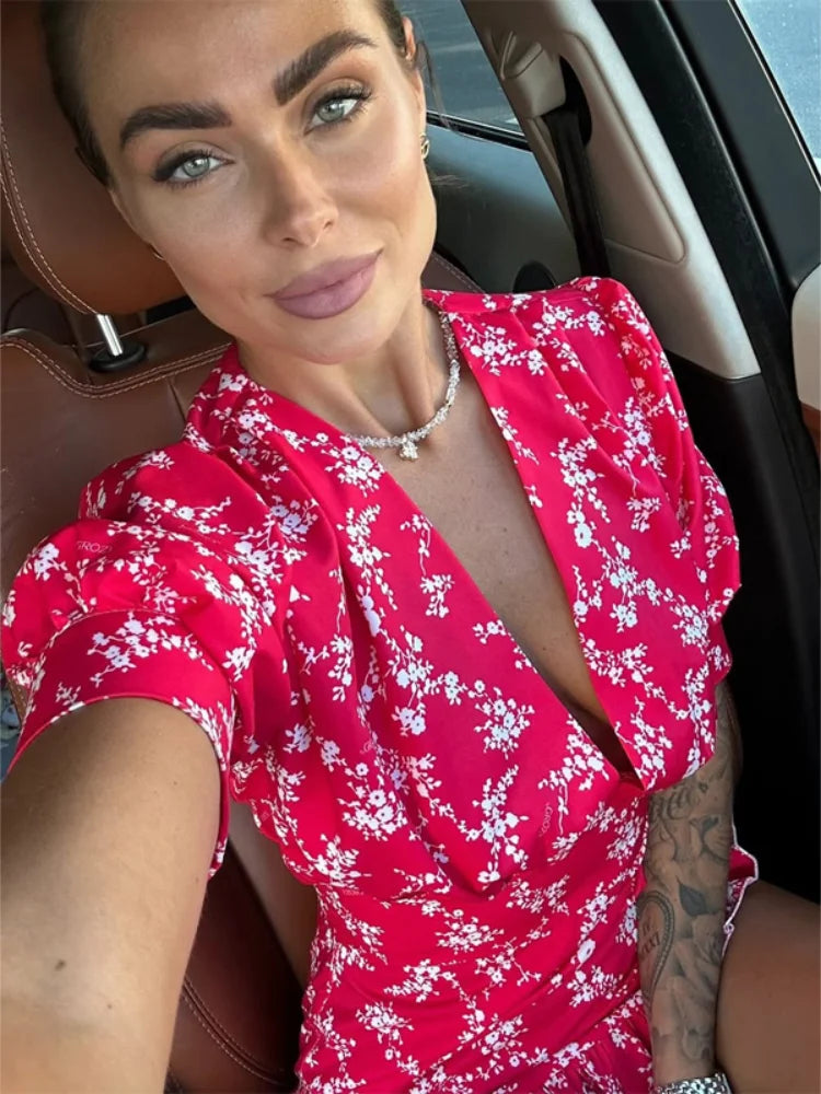 Floral Print Women's Casual Dress V-neck Puff Sleeve Waistband Ruffle Hem Female Mini Dresses 2026 Summer Party Vacation Gown