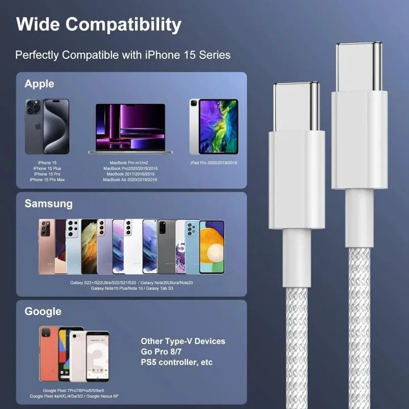 1-3pcs 120W PD USB-C to USB C Fast Charger Cable For iPhone 17 Pro Max 16 15 Plus 14 13 12 11 X XS Type C Quick Charging 1M 2M