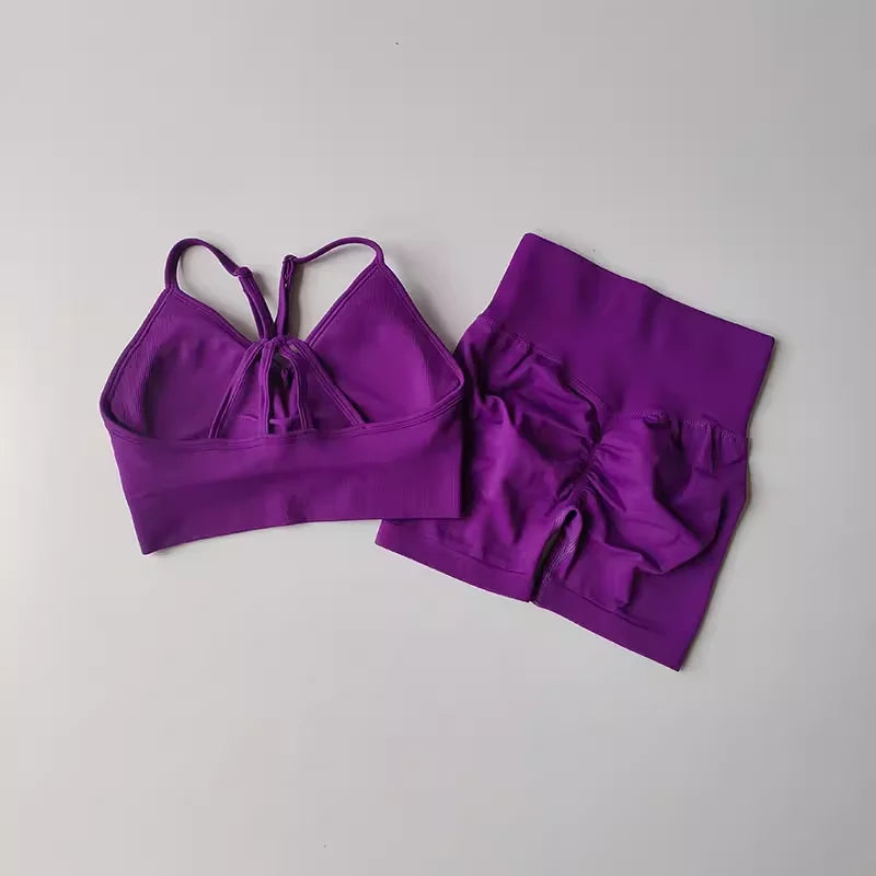 Women's High Waist Yoga Sets Workout Gym Clothing 2 Pcs Sports Suits Fitness Sets Tracksuit Sportswear Shorts Sets