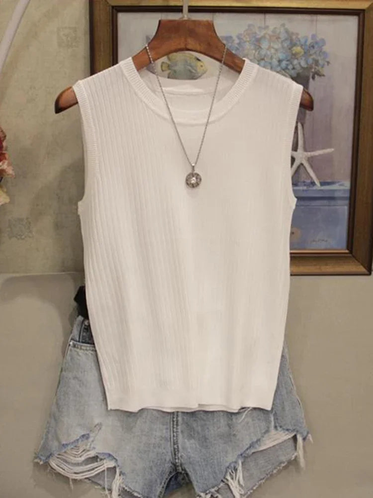 AOSSVIAO 2026 Korea Knitted Vests Women Top Summer Sleeveless Blouse Women O-neck Knitted Blouse Shirt Women Clothes Women Tops