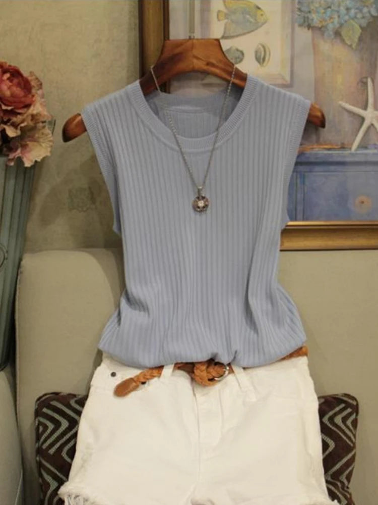 AOSSVIAO 2026 Korea Knitted Vests Women Top Summer Sleeveless Blouse Women O-neck Knitted Blouse Shirt Women Clothes Women Tops