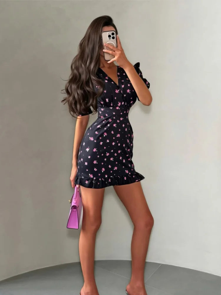 Floral Print Women's Casual Dress V-neck Puff Sleeve Waistband Ruffle Hem Female Mini Dresses 2026 Summer Party Vacation Gown