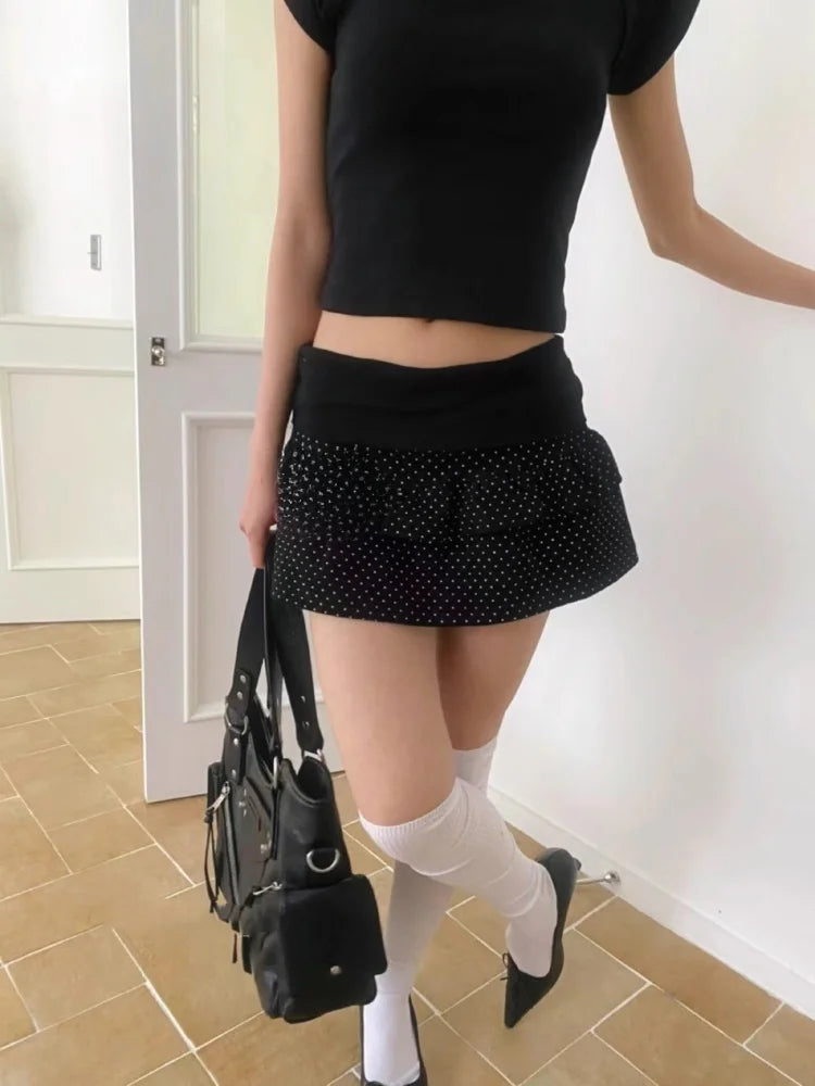 Korean Style Summer Tie Shoulder One-Shoulder Short Sleeve T-Shirt Top Slim Polka Dot  Skirt Casual High Waist A-Line Skirt