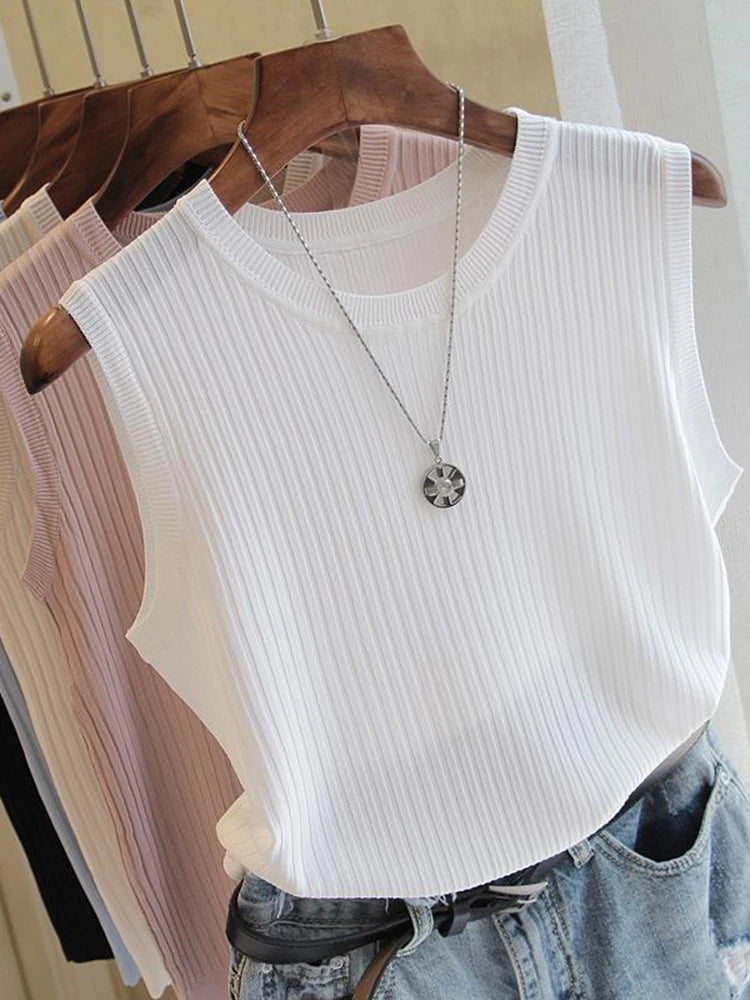 AOSSVIAO 2026 Korea Knitted Vests Women Top Summer Sleeveless Blouse Women O-neck Knitted Blouse Shirt Women Clothes Women Tops