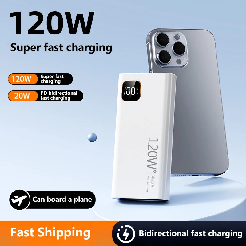 Lenovo 500000mAh Portable Power Bank 120W Super Fast Charging High Capacity External Battery Charger Powerbank For iPhone Huawei