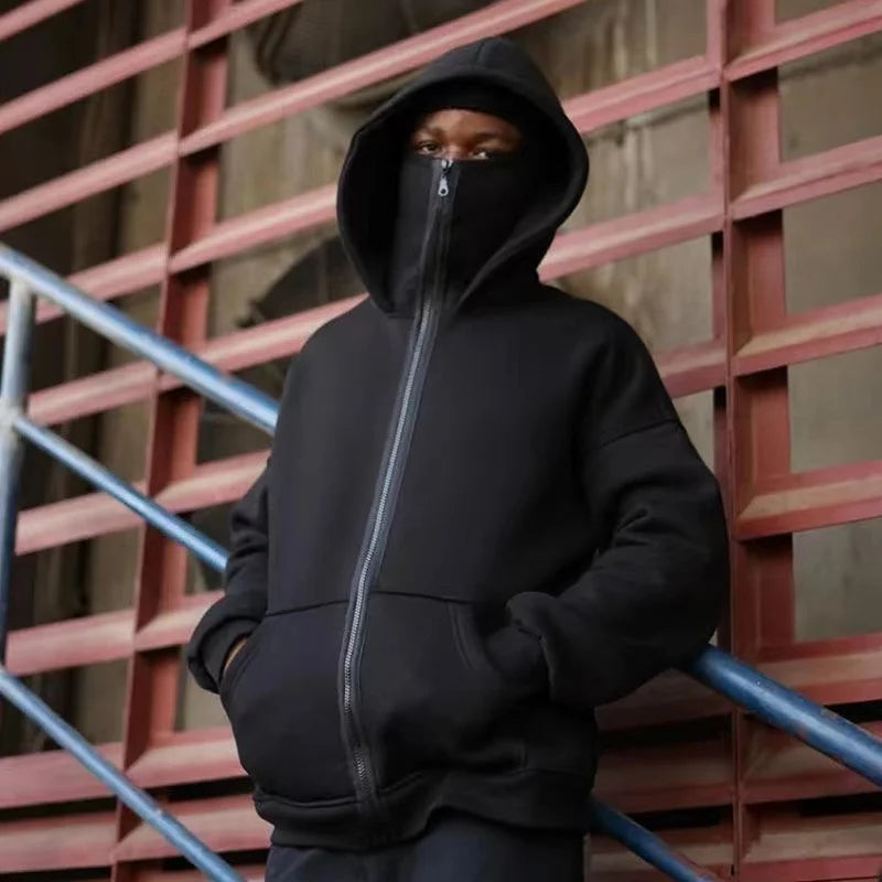 Balaclava Men Zip Hoodie Winter Warm Casual Sweatshirt Y2K with Hooded Face Mask Zipper Design Sports Jacket Outdoor Activities
