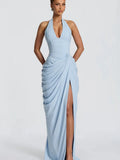 Elegant Solid Pleated Halter Women's Dress Fashion Sleeveless Backless Waist-cinching Split Maxi Dresses Summer Party Gowns 2026