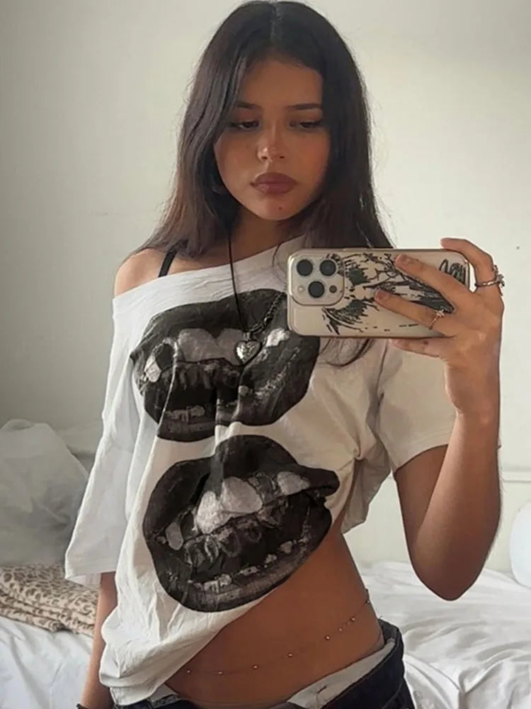 Women’s Streetwear Mouth Print Loose T-Shirt