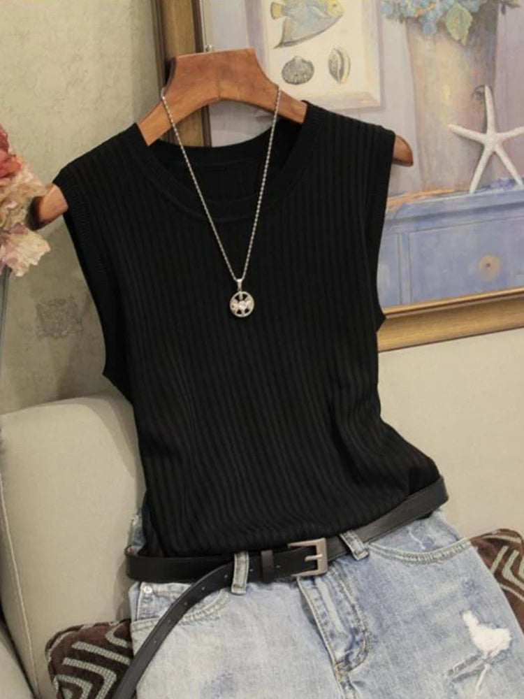 AOSSVIAO 2026 Korea Knitted Vests Women Top Summer Sleeveless Blouse Women O-neck Knitted Blouse Shirt Women Clothes Women Tops