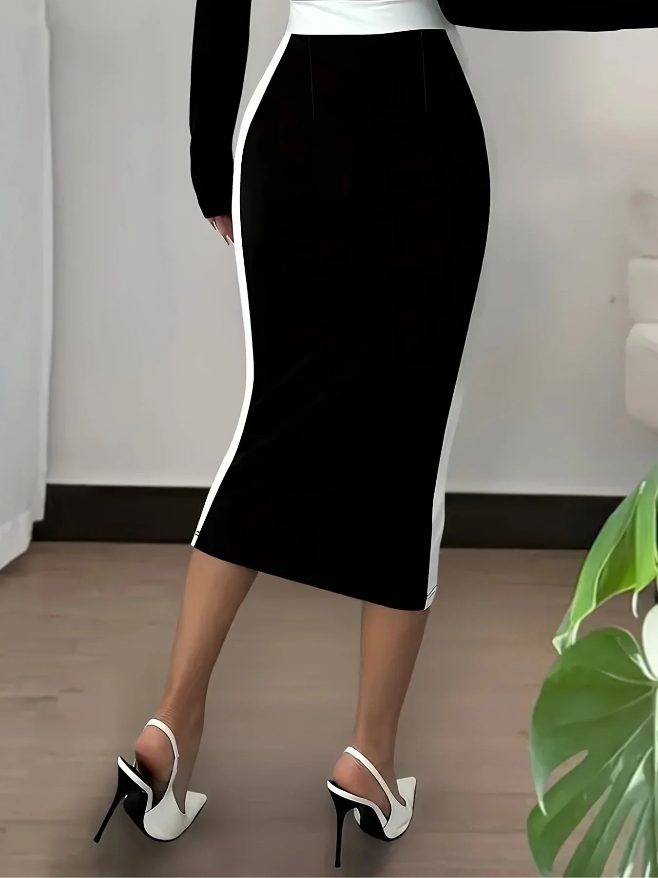 Women Elegant Colorblock Black White High Waist Work Office Bodycon Sheath Midi Pencil Skirt
