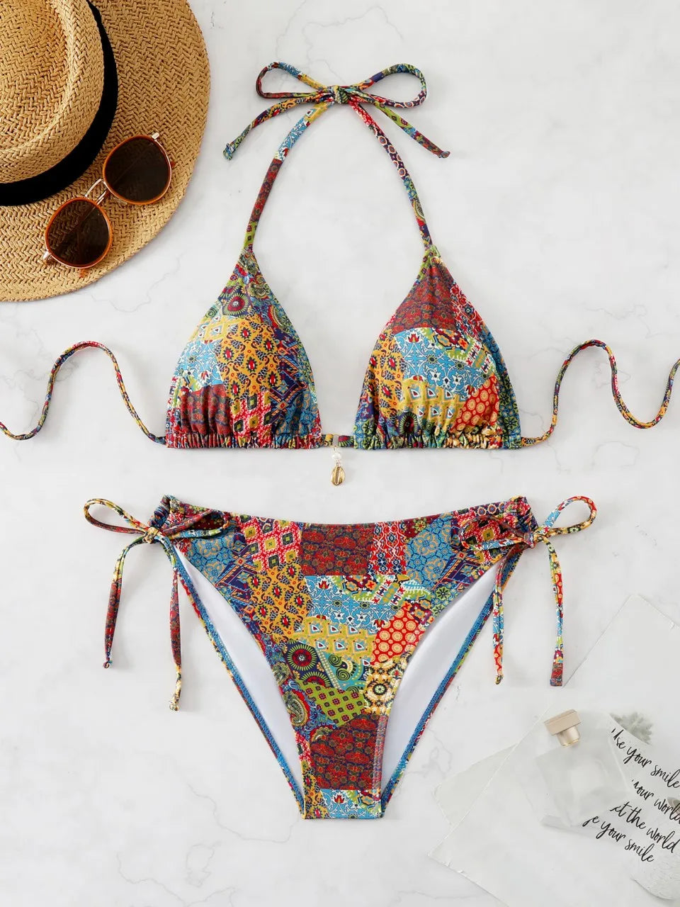 Ring Link Triangle Bikinis 2026 Women Lace Up Swimwear Printed Swimsuit Female Bathers Bathing Swimming Suit Beachwear Summer