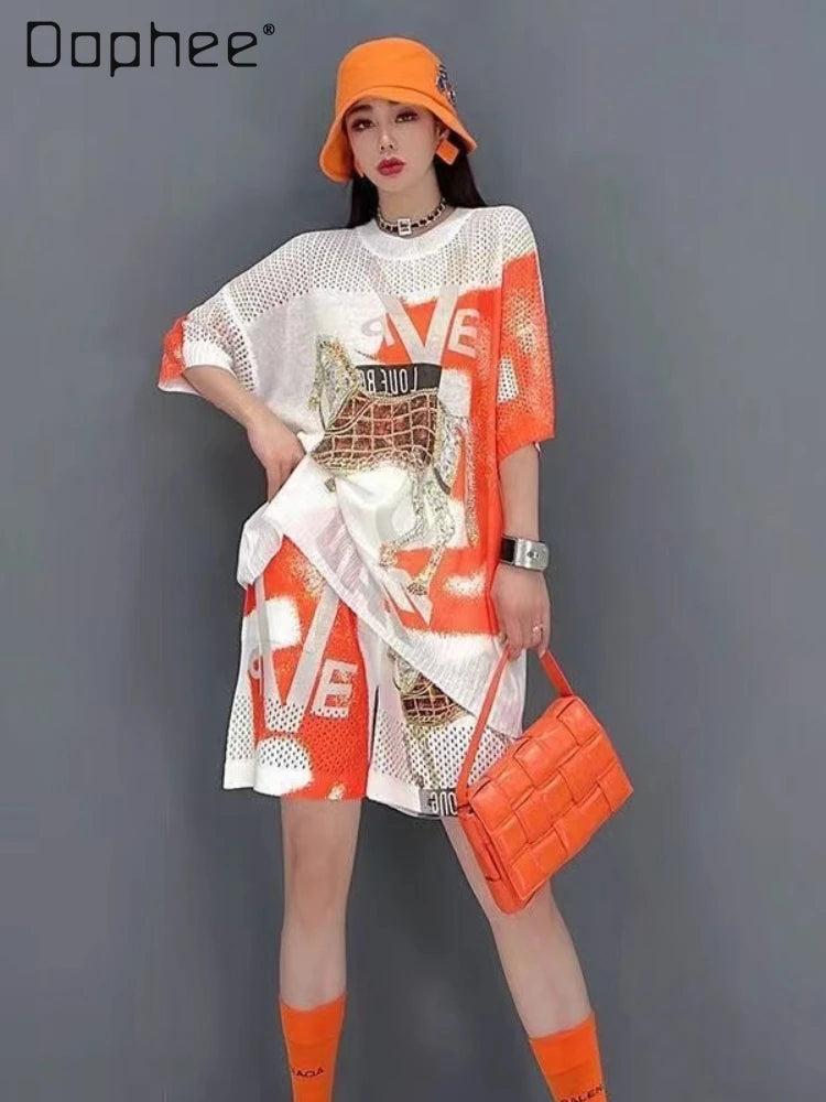 Shorts Suit Female Summer New Cartoon Rhinestone Printing Fashion Loose Round Neck Short Sleeve Top and Shorts Two-Piece Set