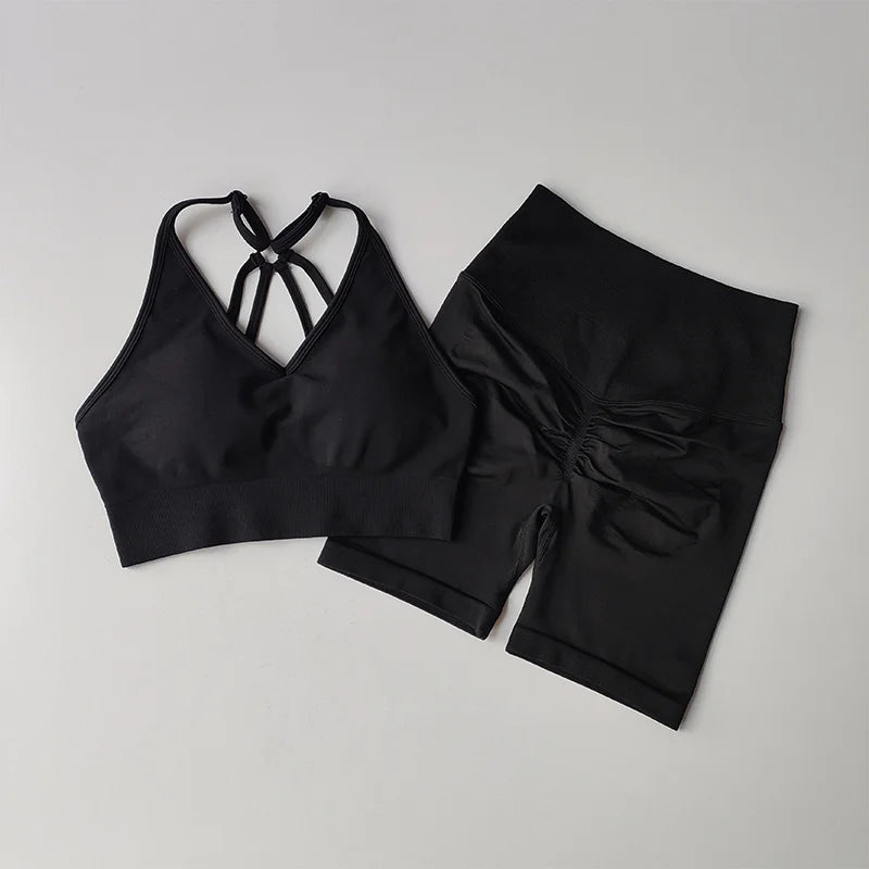 Women's High Waist Yoga Sets Workout Gym Clothing 2 Pcs Sports Suits Fitness Sets Tracksuit Sportswear Shorts Sets
