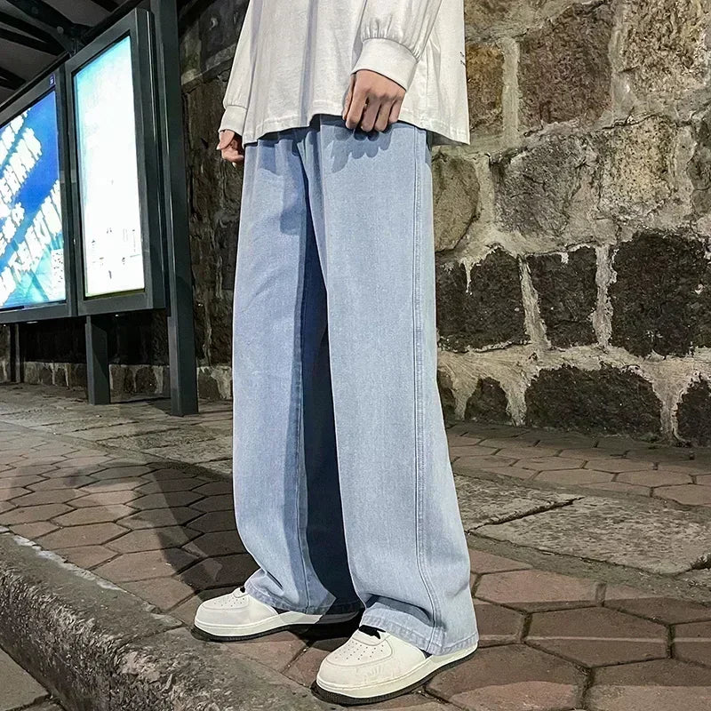 2026 New Streetwear Loose Jeans Men Korean Style Fashion Loose Straight Wide Leg Pants Men's Brand Clothing Black Light Blue