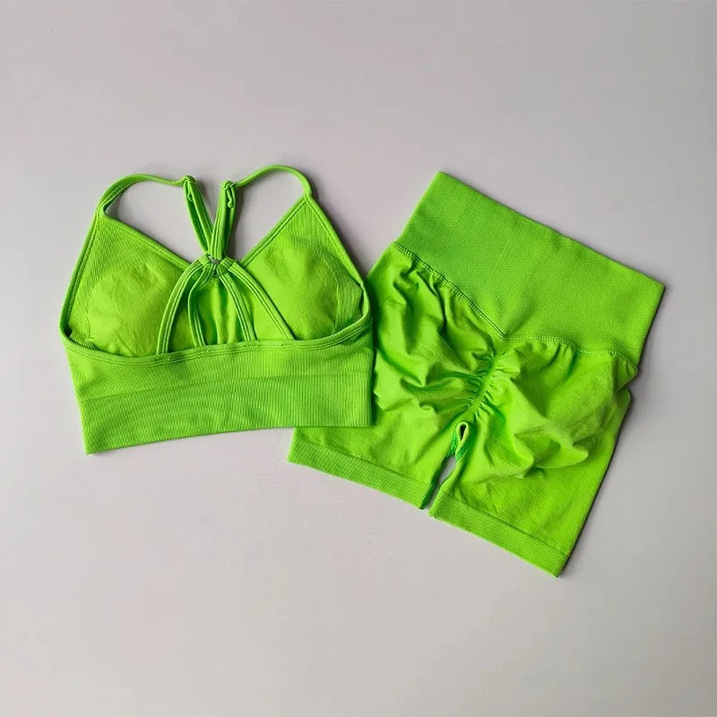 Women's High Waist Yoga Sets Workout Gym Clothing 2 Pcs Sports Suits Fitness Sets Tracksuit Sportswear Shorts Sets