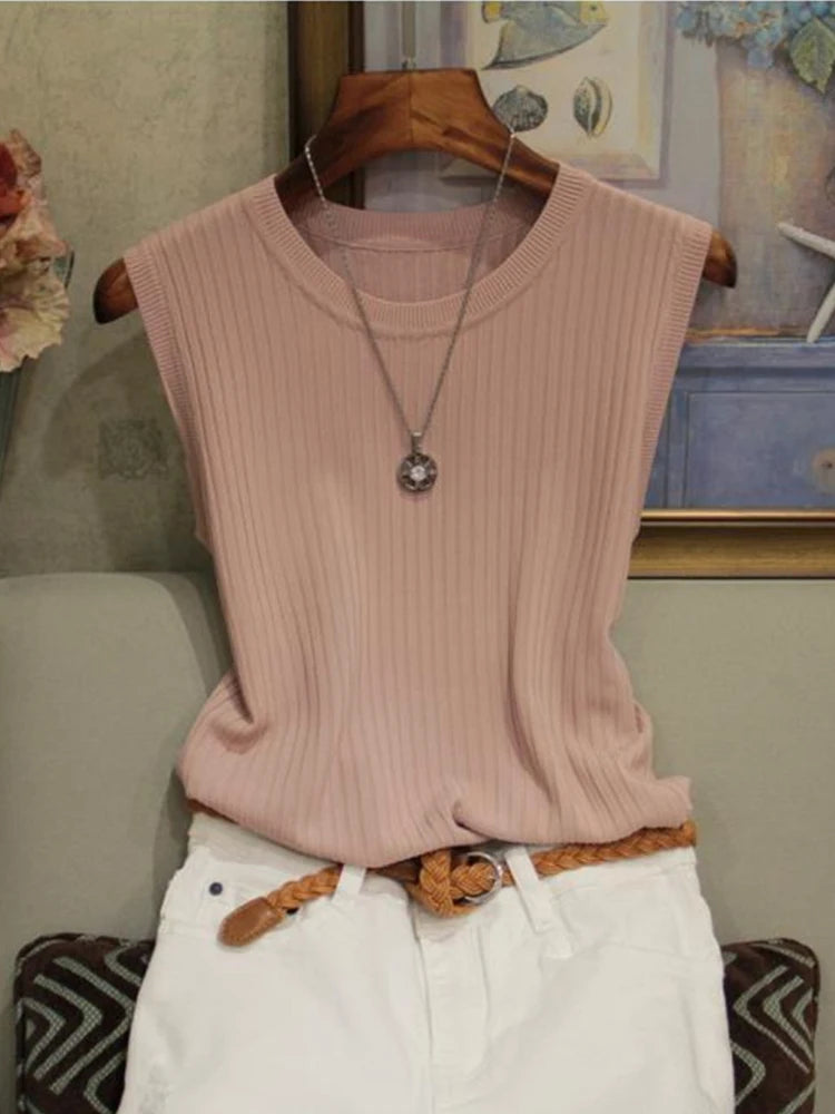 AOSSVIAO 2026 Korea Knitted Vests Women Top Summer Sleeveless Blouse Women O-neck Knitted Blouse Shirt Women Clothes Women Tops