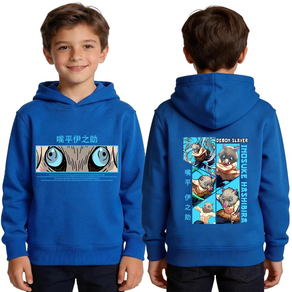 Demon Slayer Kimetsu no Yaiba Kids Hoodie Inosuke Hashibira Anime Print Boys Casual Sports Pullover Sweatshirt