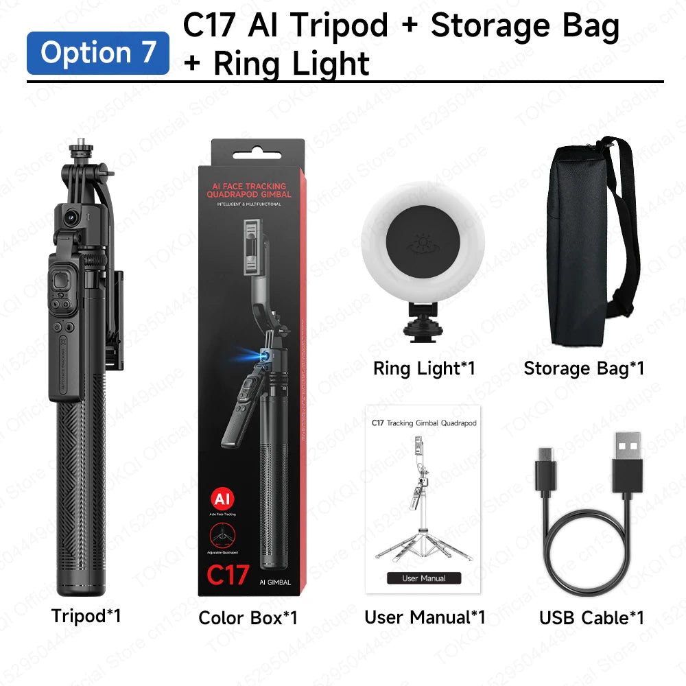 TOKQI C17 AI Tracking Gimbal Cellphone Stand Extension Rod Selfie Stick Tripod 360° Auto Rotate for Smartphones Shooting Vlog