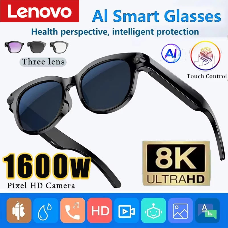 Lenovo 2026 New 8K AI Translation AI Smart Glasses Bluetooth Calling Music Player Camera Control Anti Blue Light Sunglasses