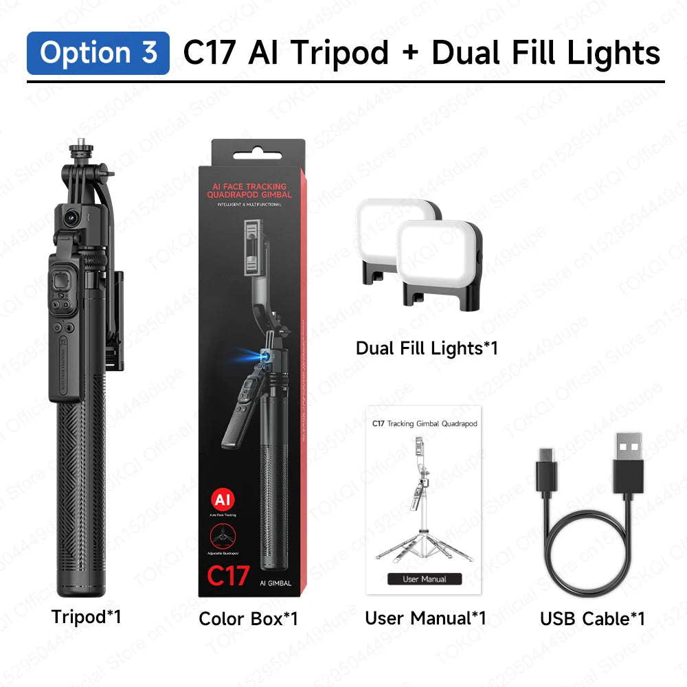 TOKQI C17 AI Tracking Gimbal Cellphone Stand Extension Rod Selfie Stick Tripod 360° Auto Rotate for Smartphones Shooting Vlog