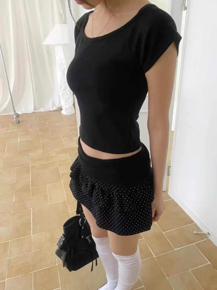 Korean Style Summer Tie Shoulder One-Shoulder Short Sleeve T-Shirt Top Slim Polka Dot  Skirt Casual High Waist A-Line Skirt