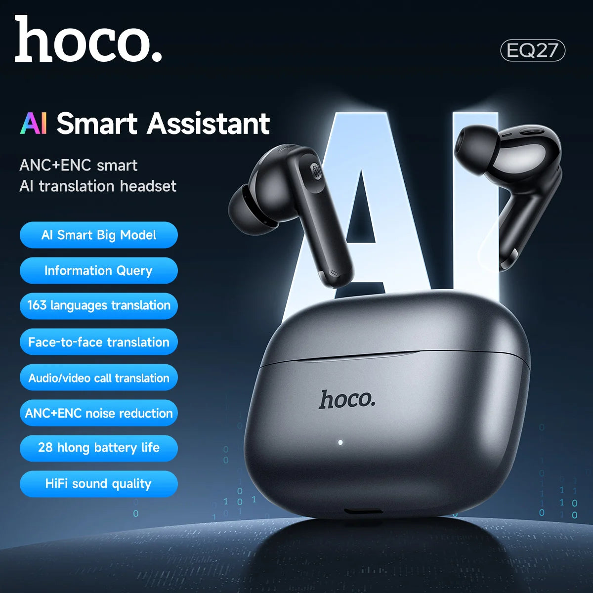 EQ27 OWS Open Ear Wireless Earbuds AI Smart Translator LCD Touch Control Bluetooth 5.3 Sports Headphones Waterproof Long Enduran