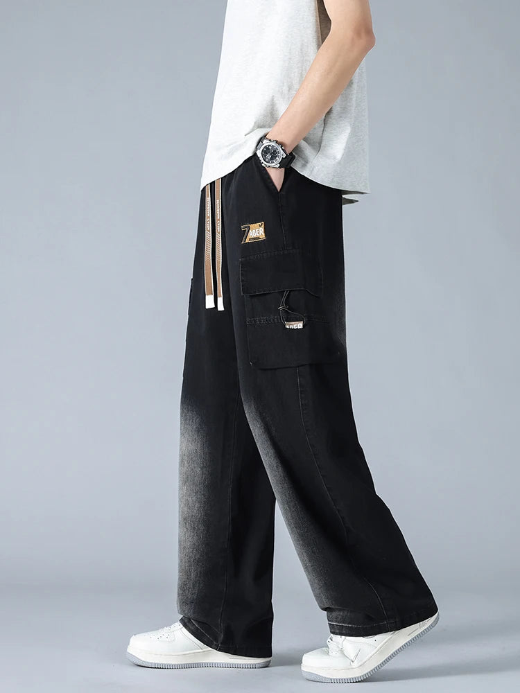 Summer Men's Straight Jeans Multi-Pockets Wide Leg Denim Cargo Pants 8XL 7XL 6XL Big Size Lightweight Baggy Jeans Trousers