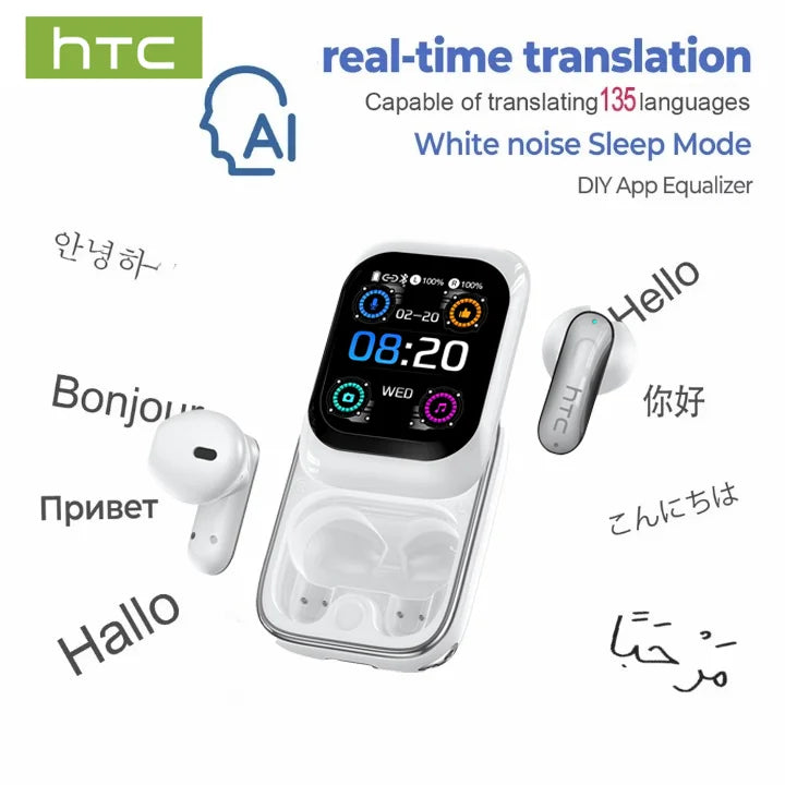 HTC NE48 TWS Wireless Earbuds AI Translation 2K HD Touchscreen Bluetooth 6.0 IPX5 ENC Noise Cancelling Sports Headphone