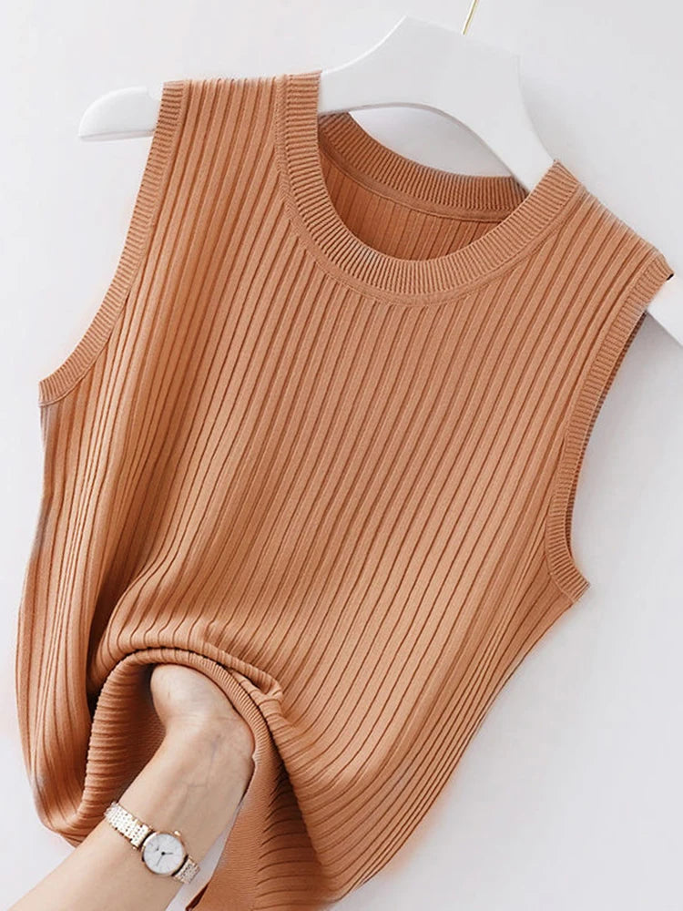 AOSSVIAO 2026 Korea Knitted Vests Women Top Summer Sleeveless Blouse Women O-neck Knitted Blouse Shirt Women Clothes Women Tops
