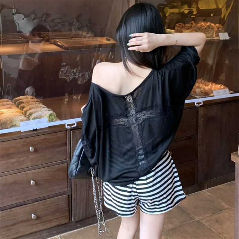 Oversized T-shirt for Women Casual Loose Top Fashion Bat Sleeves Sexy Lace Cross Backless Baggy T shirts Thin Clothing