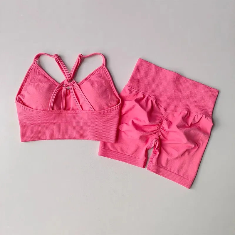 Women's High Waist Yoga Sets Workout Gym Clothing 2 Pcs Sports Suits Fitness Sets Tracksuit Sportswear Shorts Sets