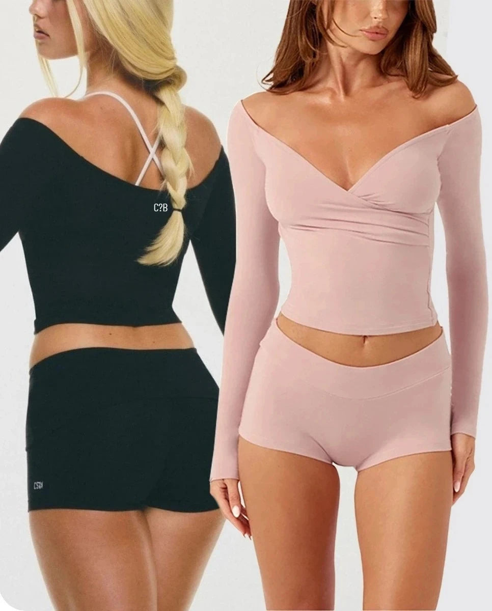 C-B Women's Yoga Set: Long-sleeved V-neck T-shirt & High-waisted Cuffed Shorts & Leggings, Suitable for Gym Workouts.