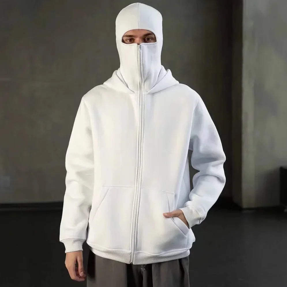 Balaclava Men Zip Hoodie Winter Warm Casual Sweatshirt Y2K with Hooded Face Mask Zipper Design Sports Jacket Outdoor Activities